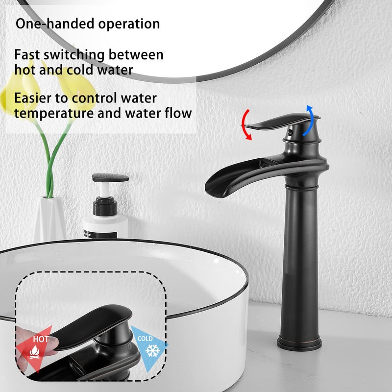 GGStudy Oil Rubbed Bronze Bathroom Faucet Single Handle One Hole Waterfall Farmhouse Bathroom Vessel Sink Faucet Matching with Pop Up Drain - Image 3